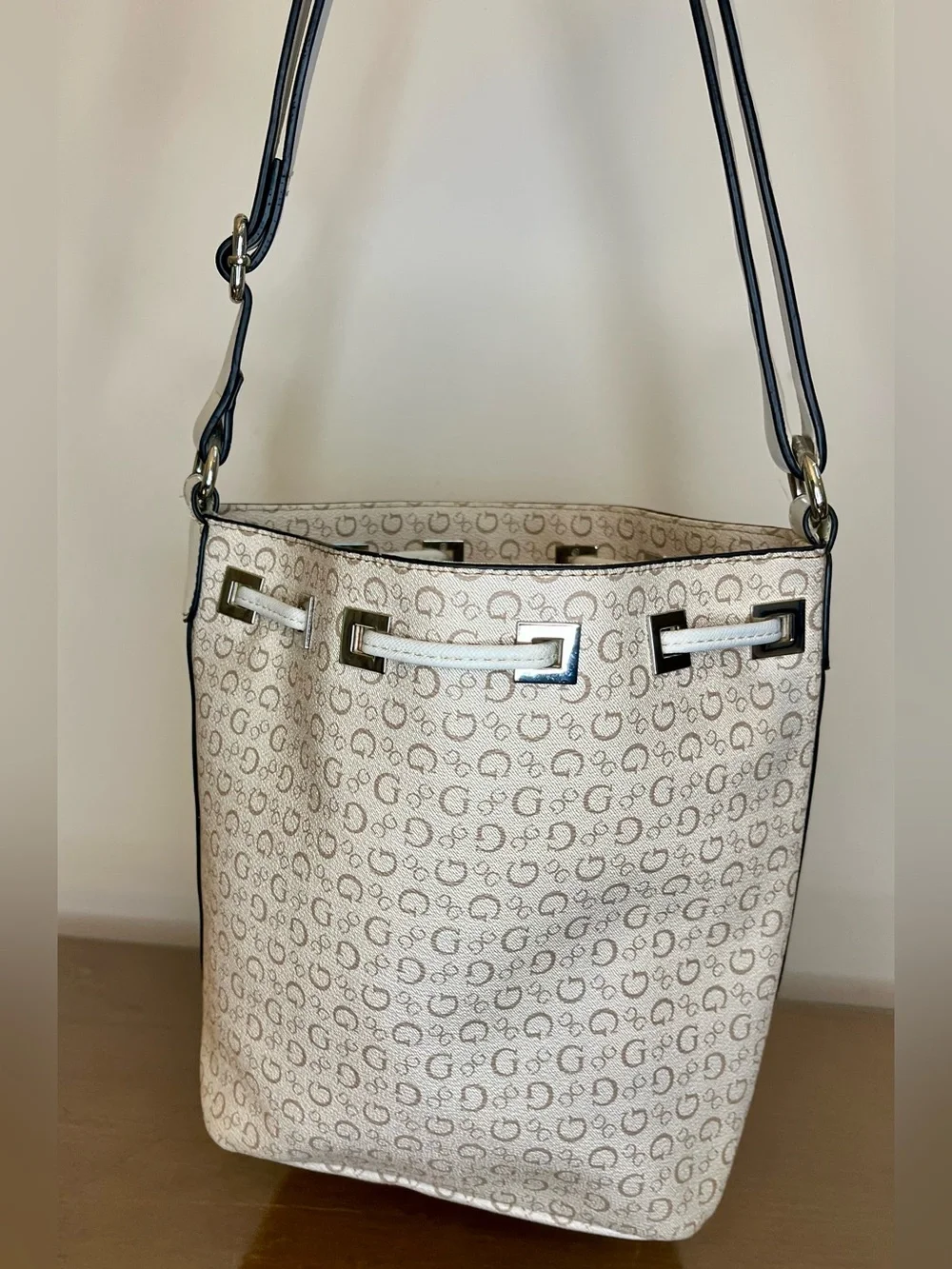 Guess Small Crossbody Bucket Bag, Monogram, Signature, Ivory, Coated, Adjustable